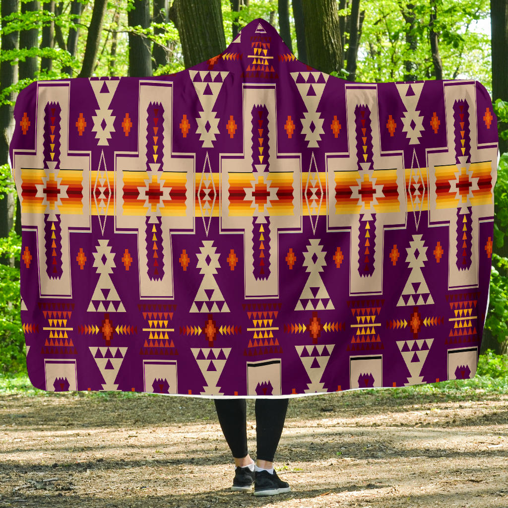 Purple hooded blanket with colorful Native-inspired geometric pattern, full blanket coverage