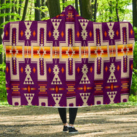 Purple hooded blanket with colorful Native-inspired geometric pattern, full blanket coverage