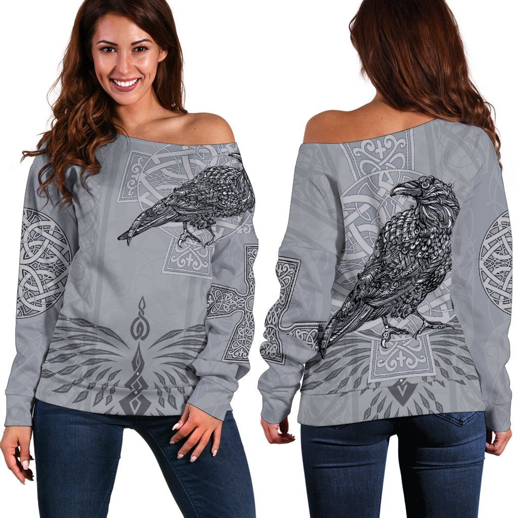 Viking Women's Off Shoulder Sweater - Odin's Celtic Raven - Scandinavian Tattoo RLT12 - Wonder Print Shop