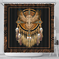 Multicolor dreamcatcher-themed shower curtain with black backdrop, gold feathers and beads