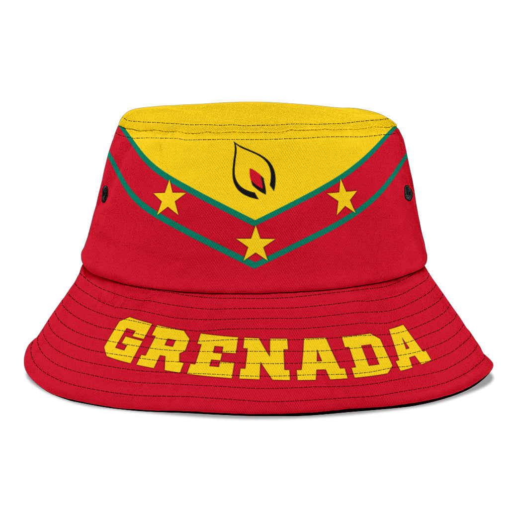 Red bucket hat with yellow crown, green trim, Grenada emblem and star graphic; GRENADA text