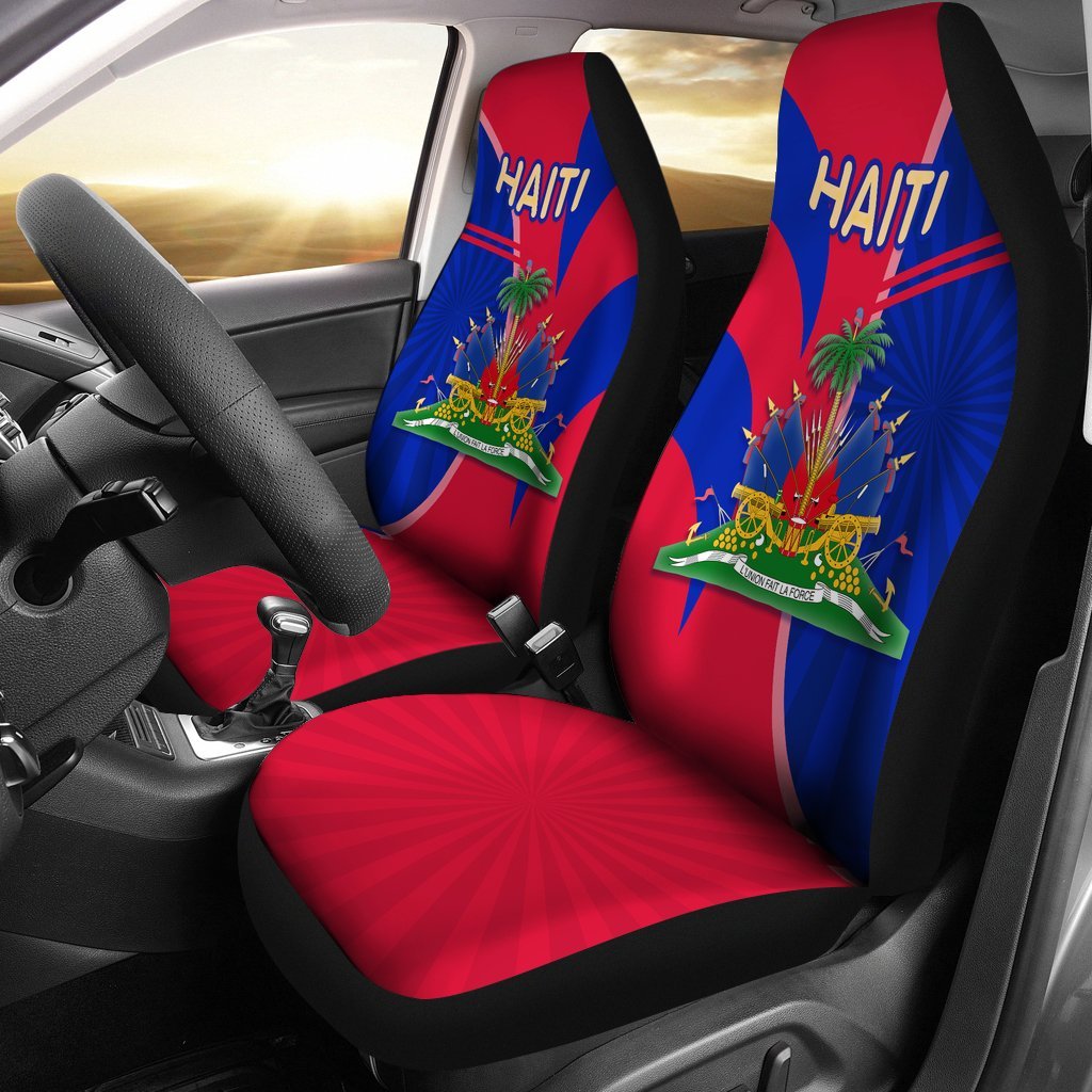 Haiti seat covers with HAITI text on headrests, red/blue stripes and coat of arms