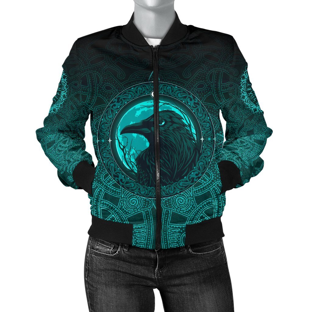 Viking Women's Bomber Jacket, Ethnic Odin Raven Cyan RLT12 - Wonder Print Shop