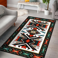 Tribal geometric area rug with black border and colorful Native pattern, large rectangle