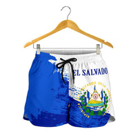 Women’s blue/white shorts, elastic waist with black drawstring, El Salvador graphic