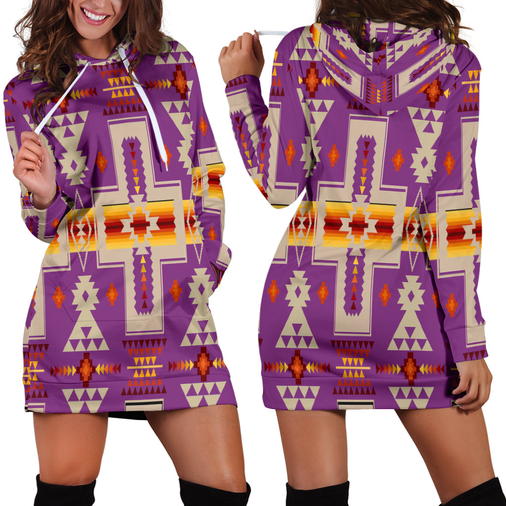 Light purple hoodie dress with tribal multicolor geometric print, hood and drawstrings