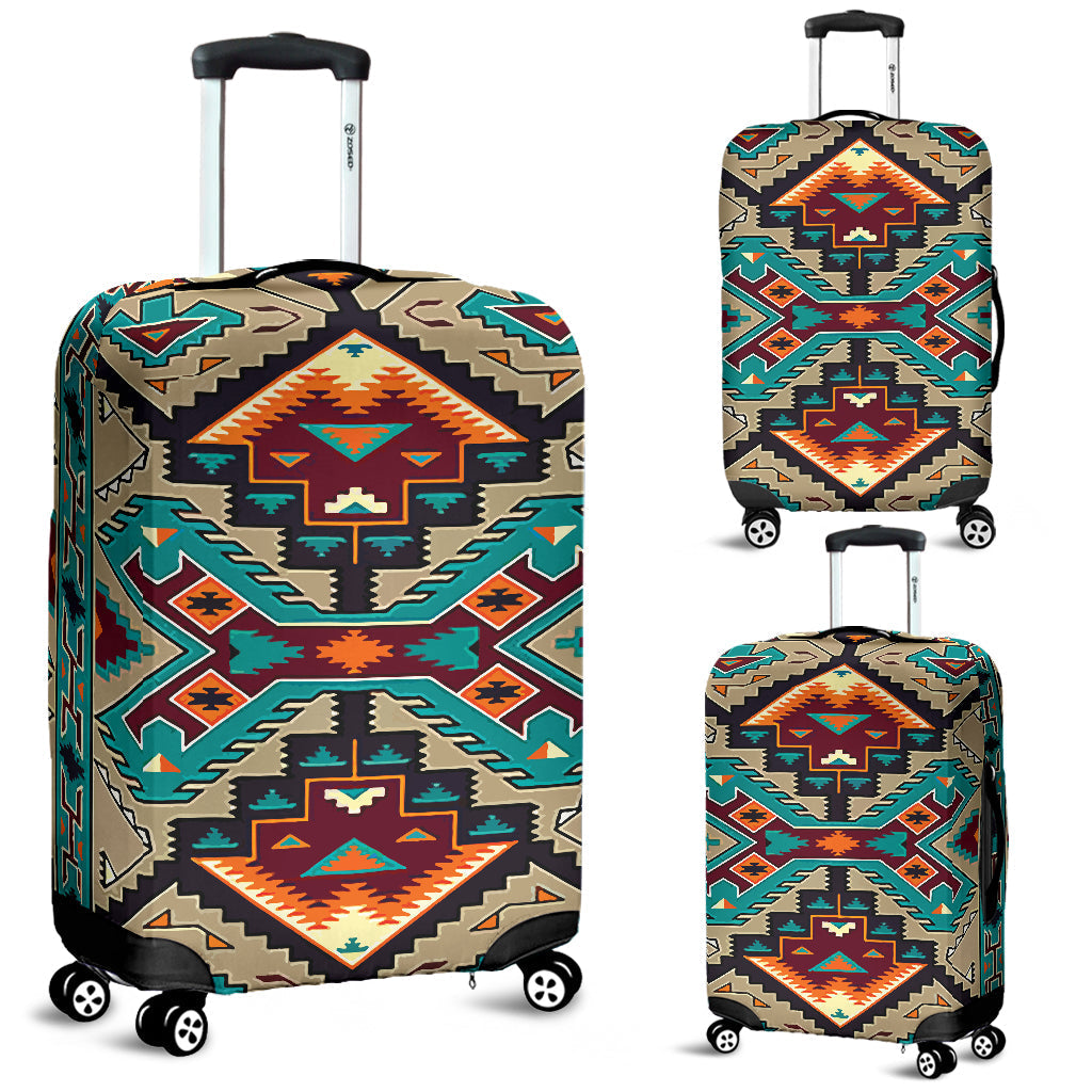 Multicolor Native American style luggage cover with geometric pattern, full front view