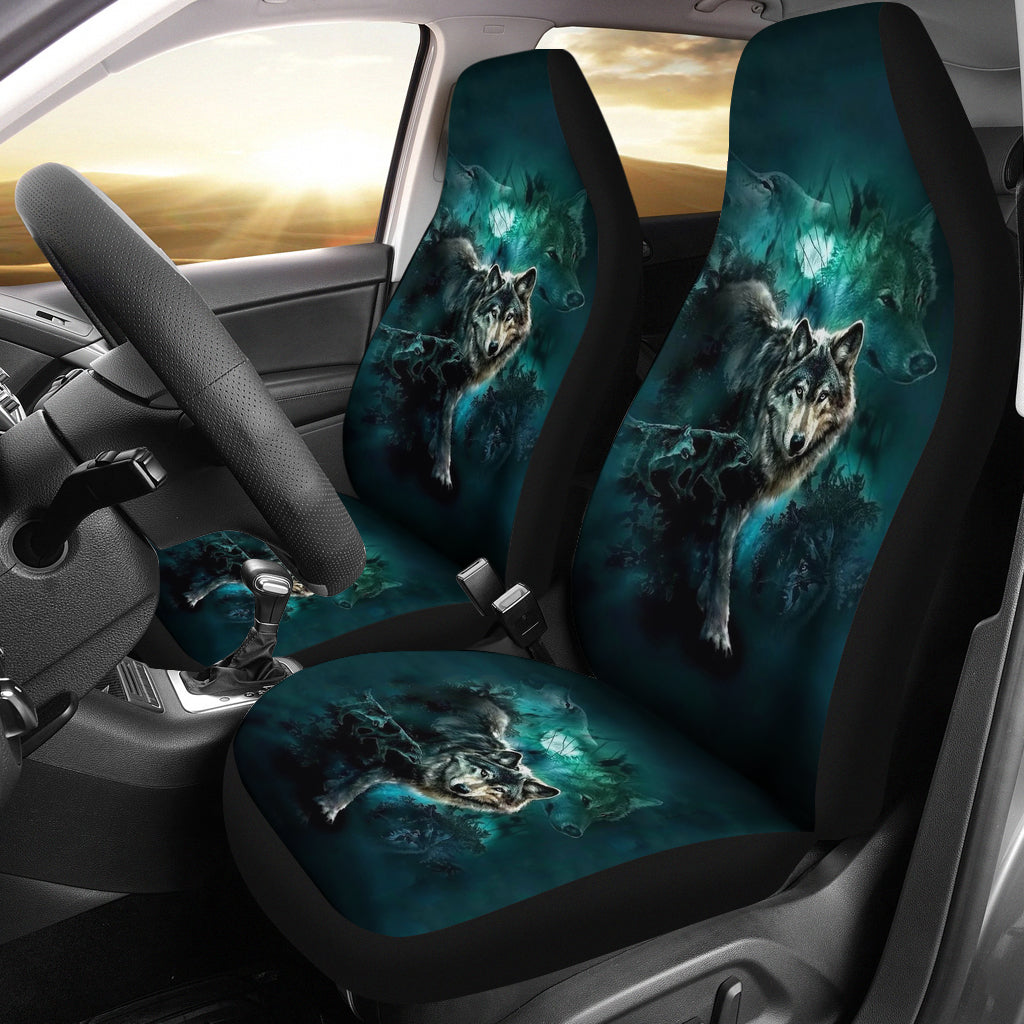 Front seat covers with dark teal wolf graphic, black seat edges