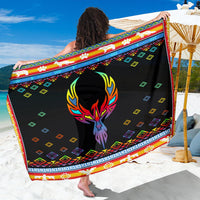 Black sarong with colorful native geometric border and phoenix skull graphic