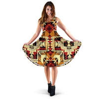 Sleeveless fit-and-flare dress with multicolor geometric tribal 3D pattern, short length
