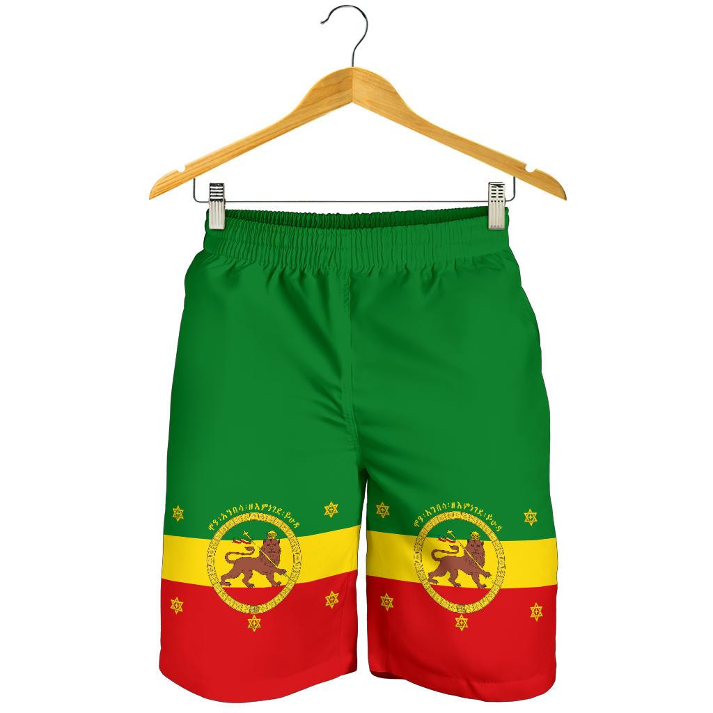 Green, yellow & red Ethiopia flag shorts with lion of Judah crest and stars