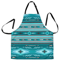 Teal blue light apron with Native-style striped pattern and feather motifs, black straps