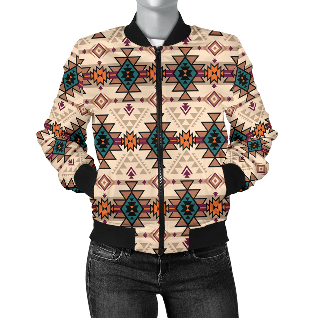 Women’s bomber jacket with colorful retro tribal geometric print and black ribbed trim