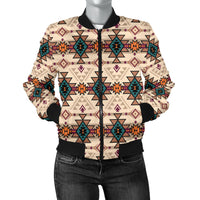 Women’s bomber jacket with colorful retro tribal geometric print and black ribbed trim