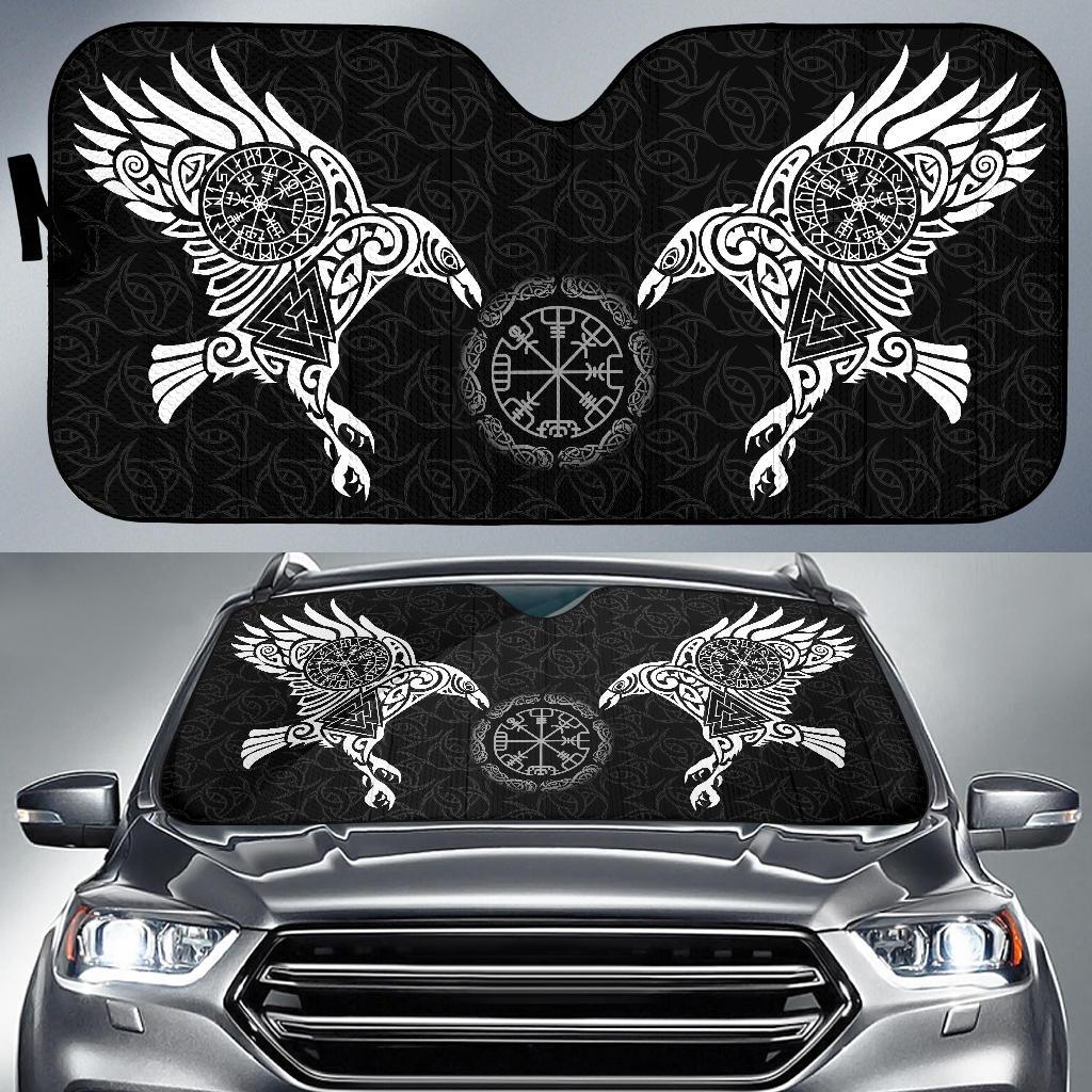 Black auto sun shade with white Viking raven and Vegvisir symbols for windshield