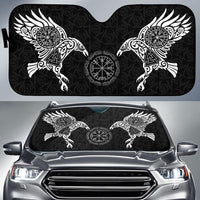 Black auto sun shade with white Viking raven and Vegvisir symbols for windshield