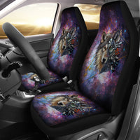 Multicolor galaxy wolf head car seat covers, front seat back and cushion panels