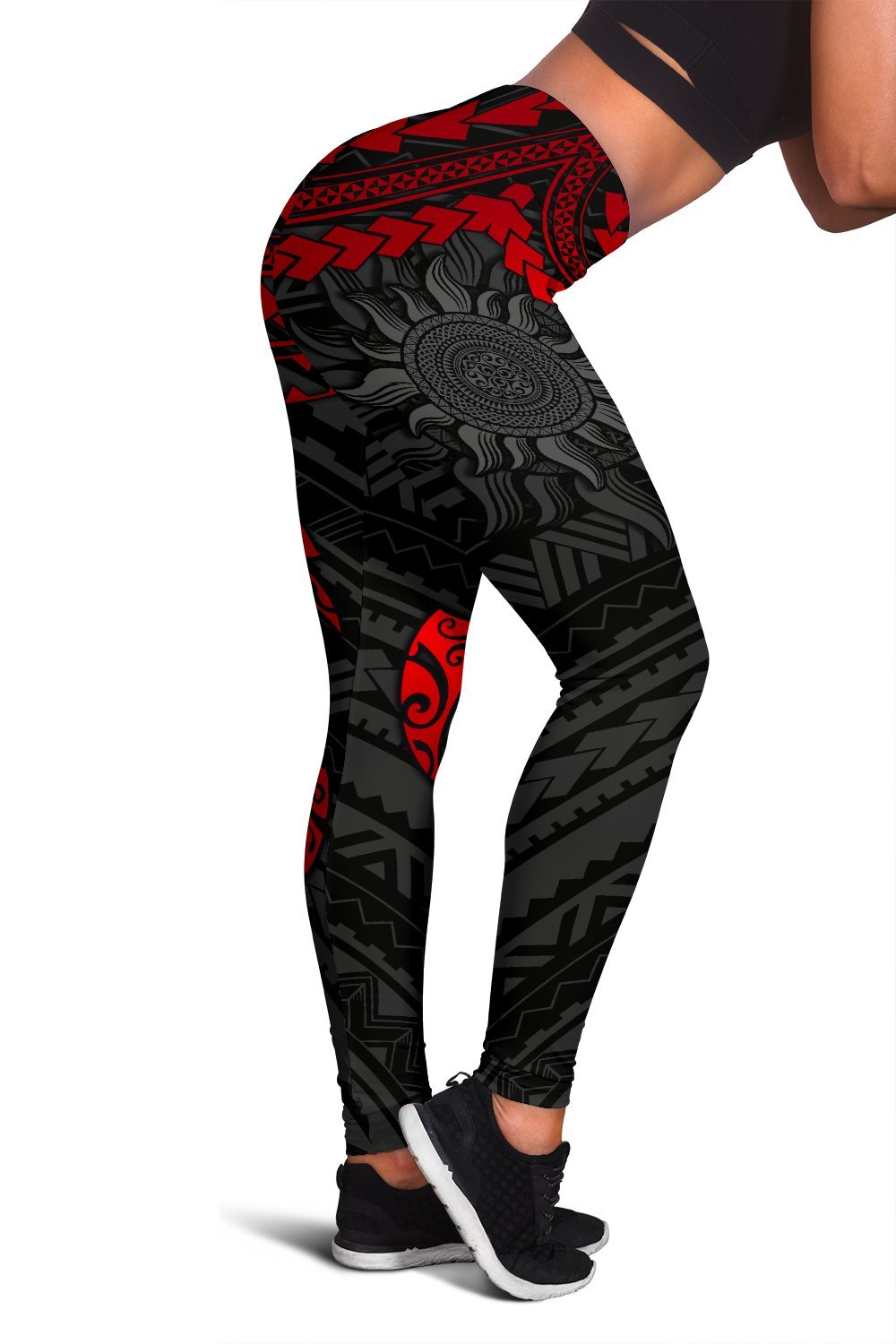 Front view red turtle medallion on black leggings, Polynesian geometric print