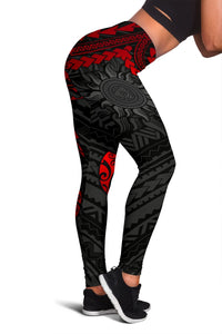Front view red turtle medallion on black leggings, Polynesian geometric print