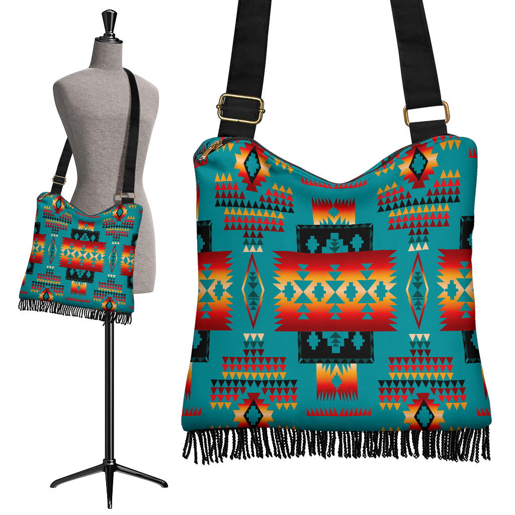 Native Tribes crossbody bag: turquoise multi-pattern with black fringe hem
