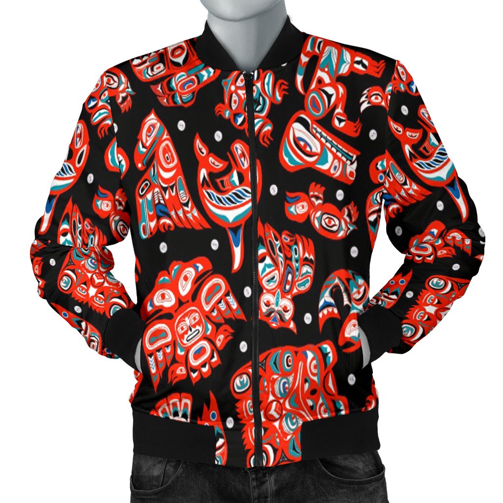 Black bomber jacket with colorful Native totem-style animal graphics, front zip, ribbed cuffs