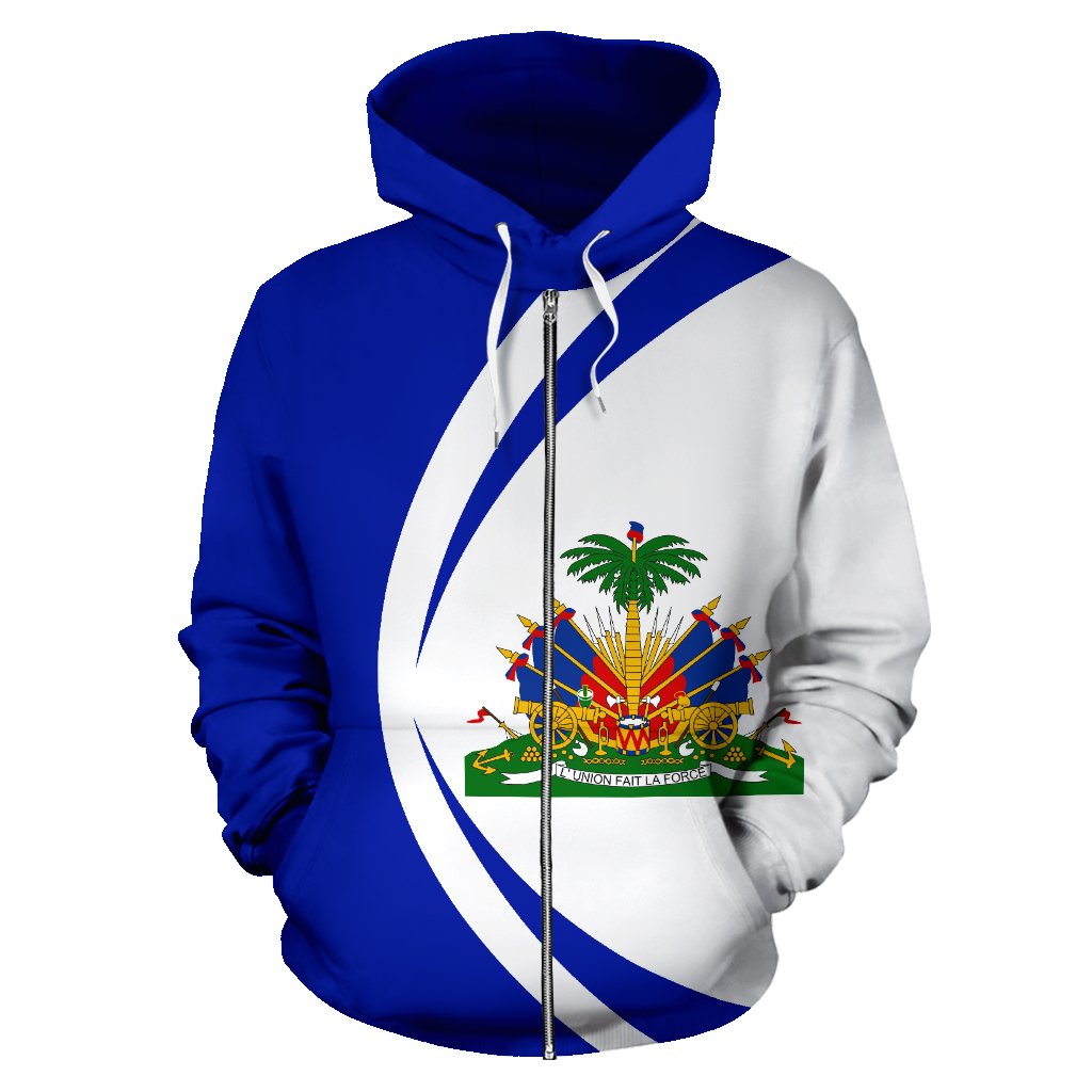 Zip-up hoodie with circular Haiti coat of arms graphic, blue/white multicolor crest