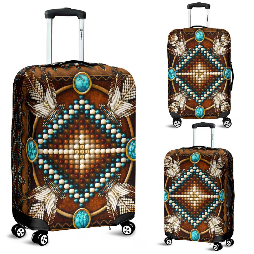 Brown Native American mandala luggage cover with turquoise bead-style center and fan motifs, front view