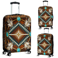 Brown Native American mandala luggage cover with turquoise bead-style center and fan motifs, front view