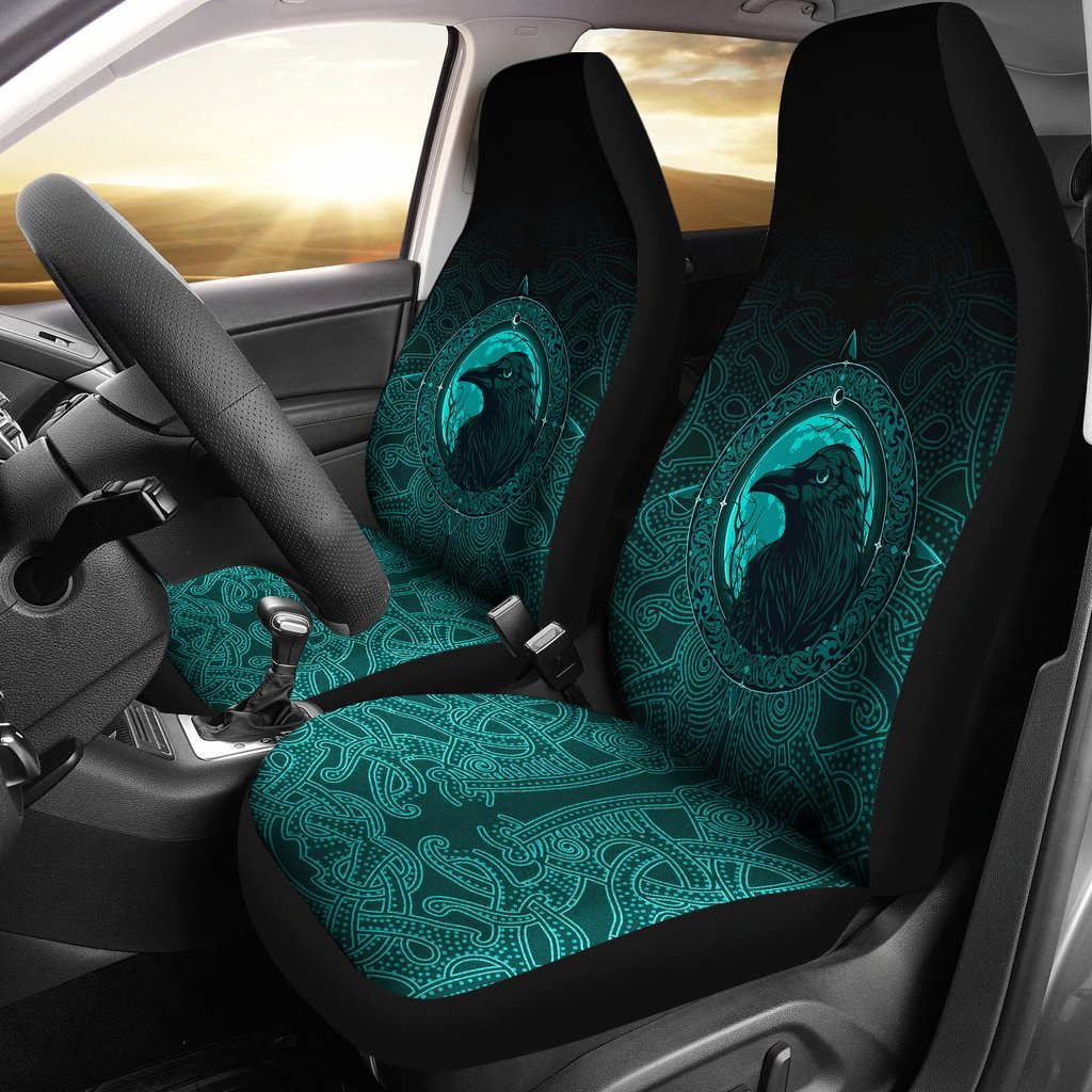 Viking Car Seat Cover, Ethnic Odin Raven Cyan RLT12 - Wonder Print Shop