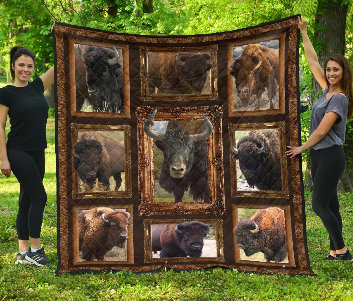 Native American quilt with bison and buffalo animal photo blocks in dark and tan borders