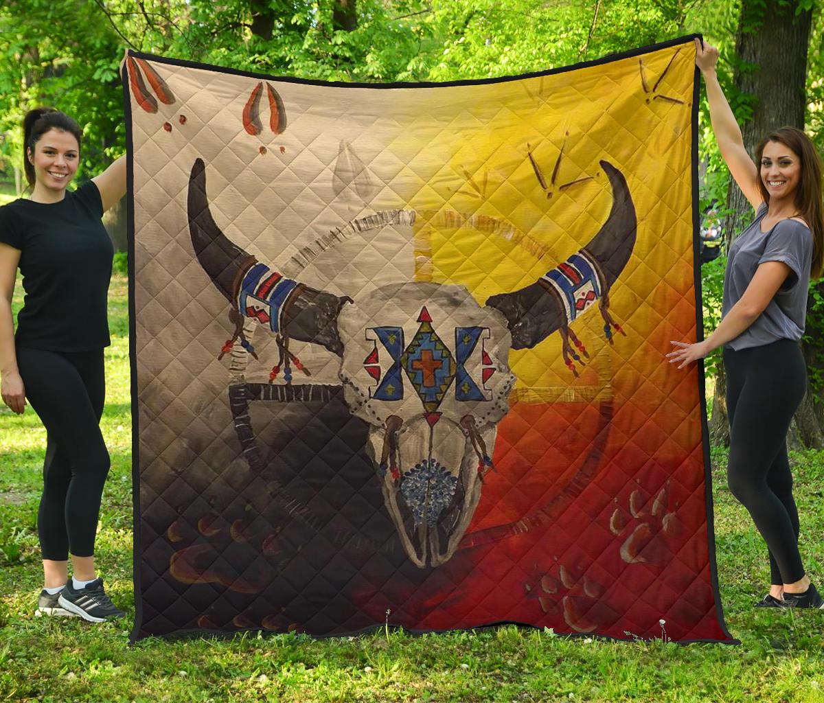 Bison Medicine Wheels quilt, multicolor panels with buffalo head and native patterns.