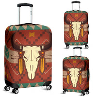 Multicolor bison skull luggage cover with pull-handle cutouts and rolling wheel base