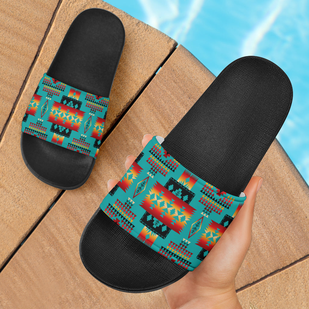 Blue Native Tribes Slide Sandals, multicolor pattern strap, black footbed