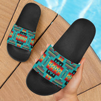 Blue Native Tribes Slide Sandals, multicolor pattern strap, black footbed