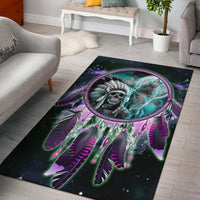 Skull dreamcatcher area rug: teal skull, purple feathers, glowing ring with beads