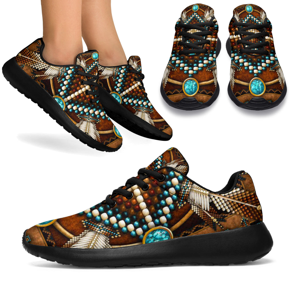 Brown multicolor Native-style sport sneakers, black laces, turquoise button accents