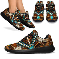 Brown multicolor Native-style sport sneakers, black laces, turquoise button accents