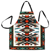 Colorful tribal pattern apron with black straps and front pocket, sleeveless