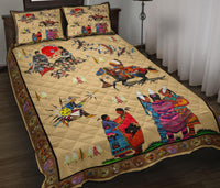 Multicolor Native American quilt bed set with rider horse, decorative border and quilted pattern
