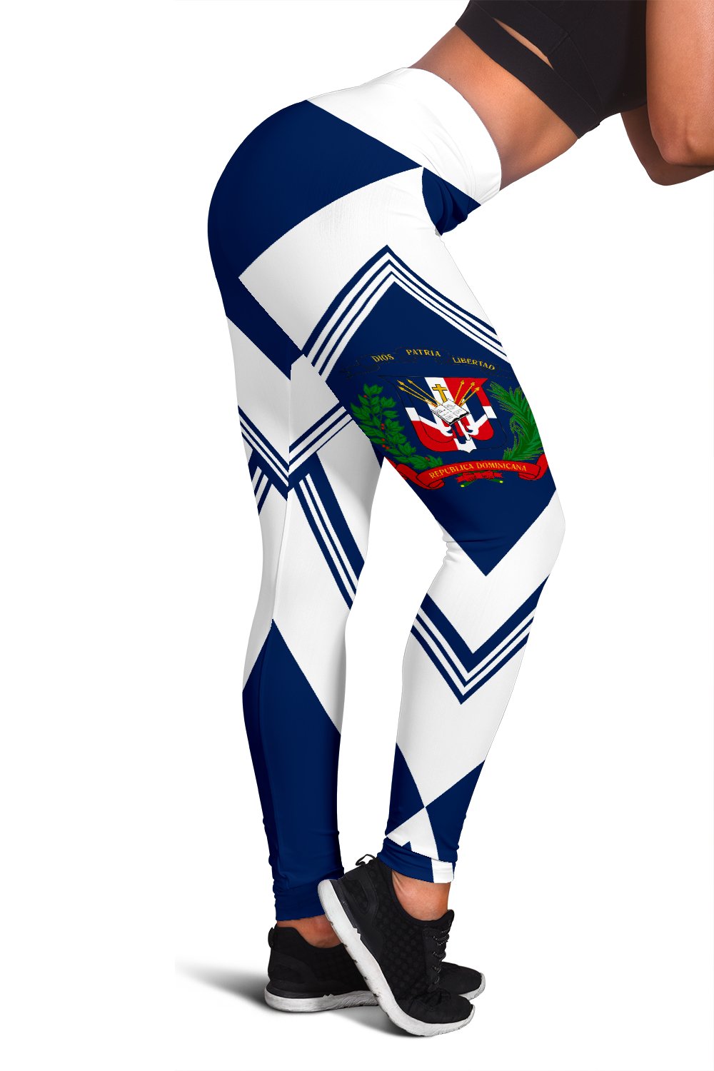 Dominican leggings with navy, white, and crest graphic; full-length fitted pants