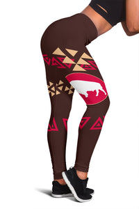 Brown leggings LT10 with red geometric print and bison graphic on thigh