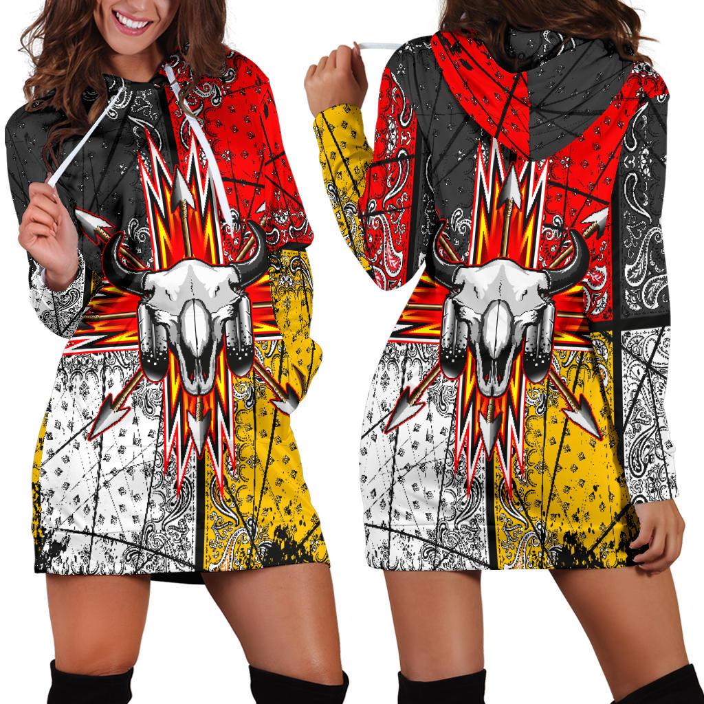Bison Arrow Kapuzenkleid Damen, buntes Design mit Totenkopf und Pfeil, Kordelkapuze
