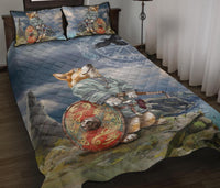 Blue Viking corgi quilt with matching pillow covers, featuring corgi warrior with shield