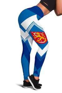 Blue and white geometric leggings with red lion crest panel and chevron stripes