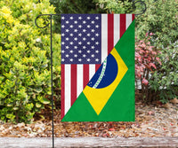Garden flag with US stars and stripes and Brazil flag overlay on green
