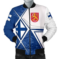 Men's bomber jacket, blue/white with Finland crest, full zip, ribbed cuffs