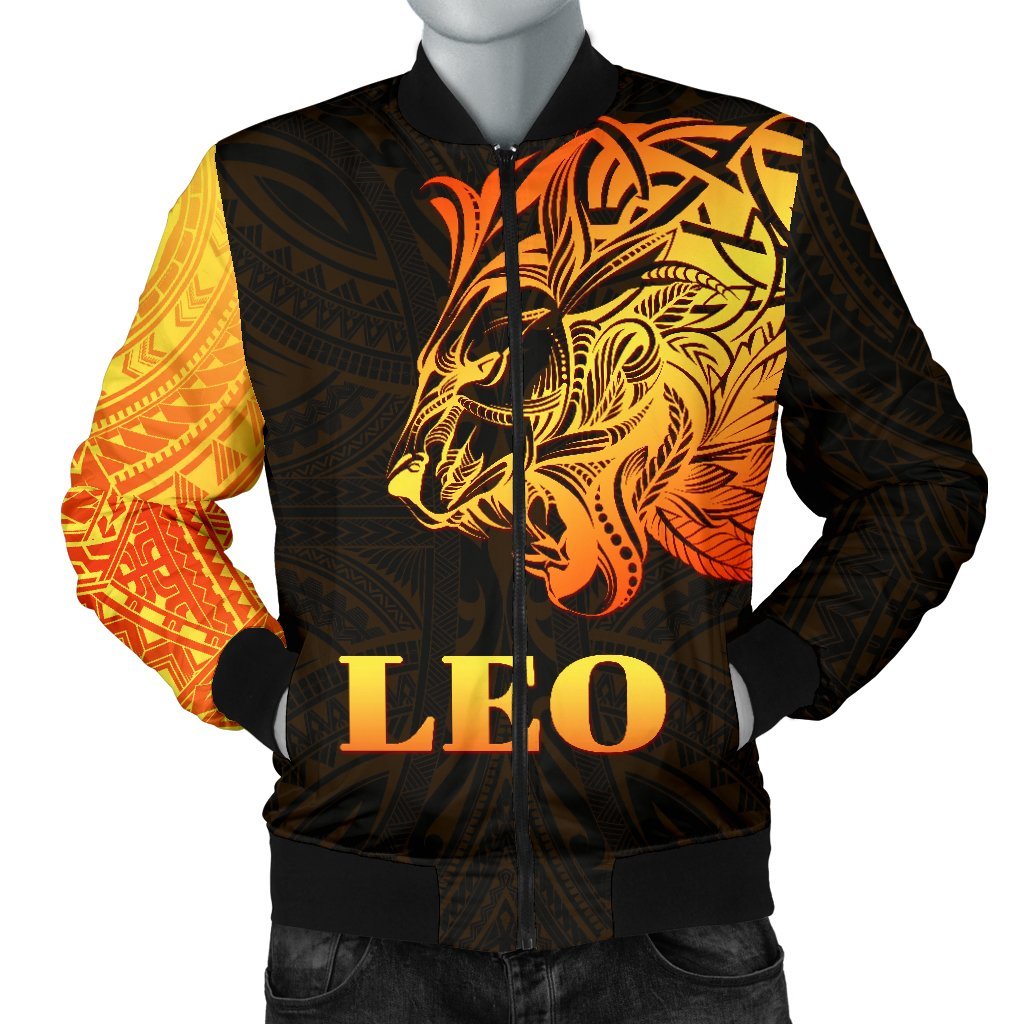 Orange and black men’s bomber jacket with Leo face graphic and Polynesian tattoo print.