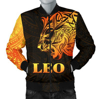 Orange and black men’s bomber jacket with Leo face graphic and Polynesian tattoo print.