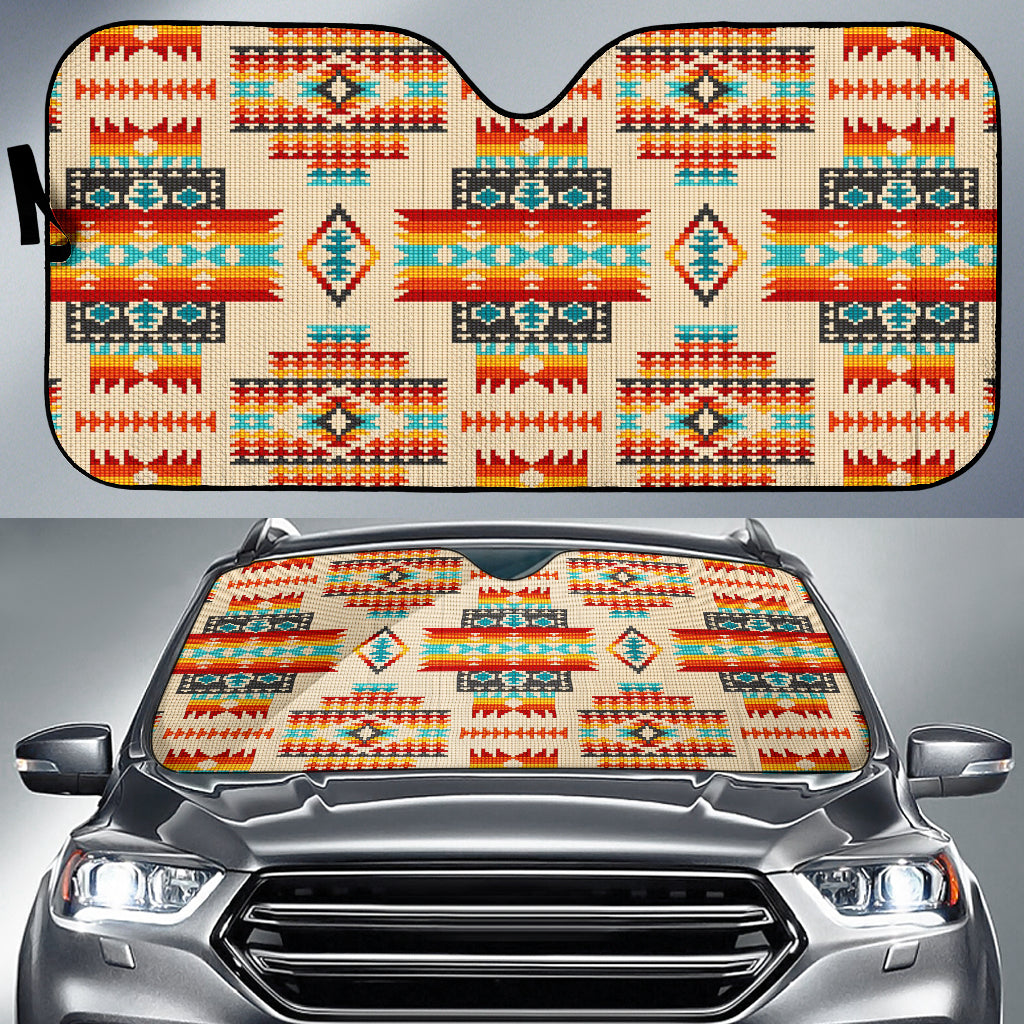 Cream LT10 auto sun shade with multicolor native geometric pattern and top cutout
