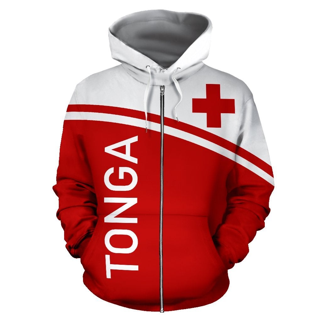 Red zip hoodie front view, “TONGA” text, white cross, red-and-white diagonal stripes